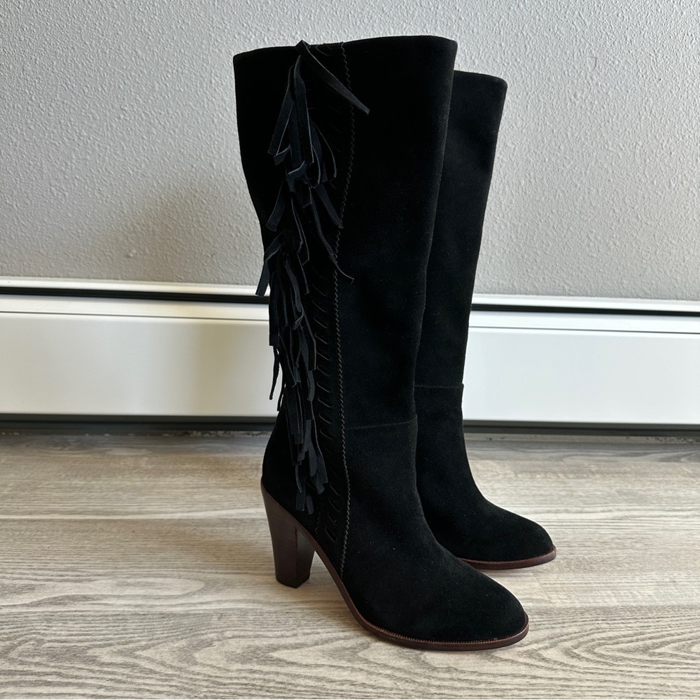 Splendid Black Suede Fringe Heeled Boots 6.5
